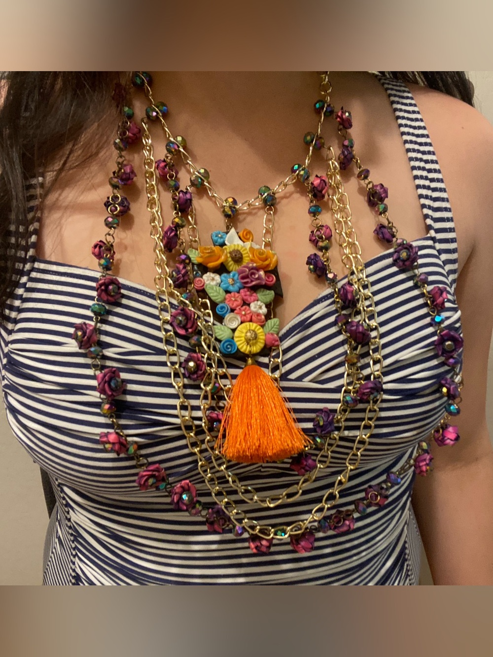 Hand Crafted Multicolor Floral Statement Necklace with Orange Tassel